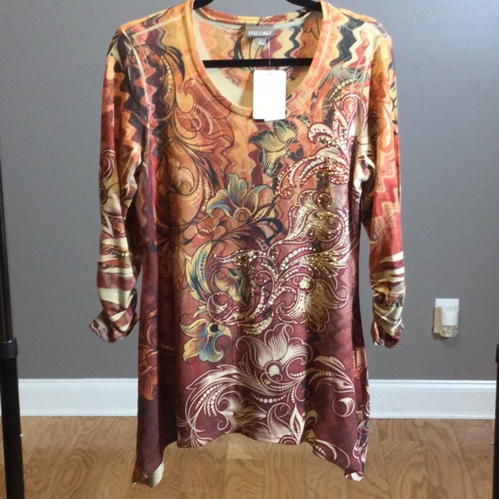 NWT L Roz & Ali Multicolor Floral-Print Long Sleeve Sharkbite Tunic - Rust